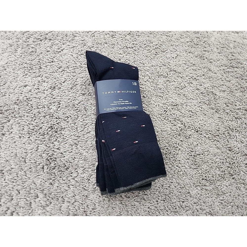 Tommy Hilfiger Crew Socks Mens One Size Navy Logo 5-Pack THM201DR89002 NEW